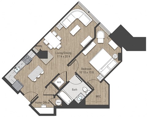 Floor plan for 1 bed, 1 bath, 830 sqft